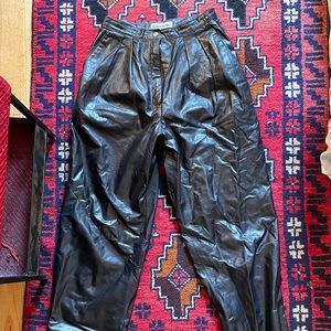 High waisted, pleated vintage black leather pants